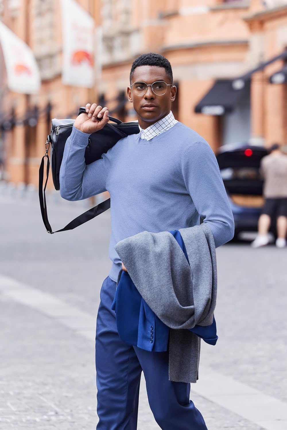 image:imageCOOFANDY Mens Crew Neck Sweaters Long Sleeve Lightweight Pullover SweaterClear Blue