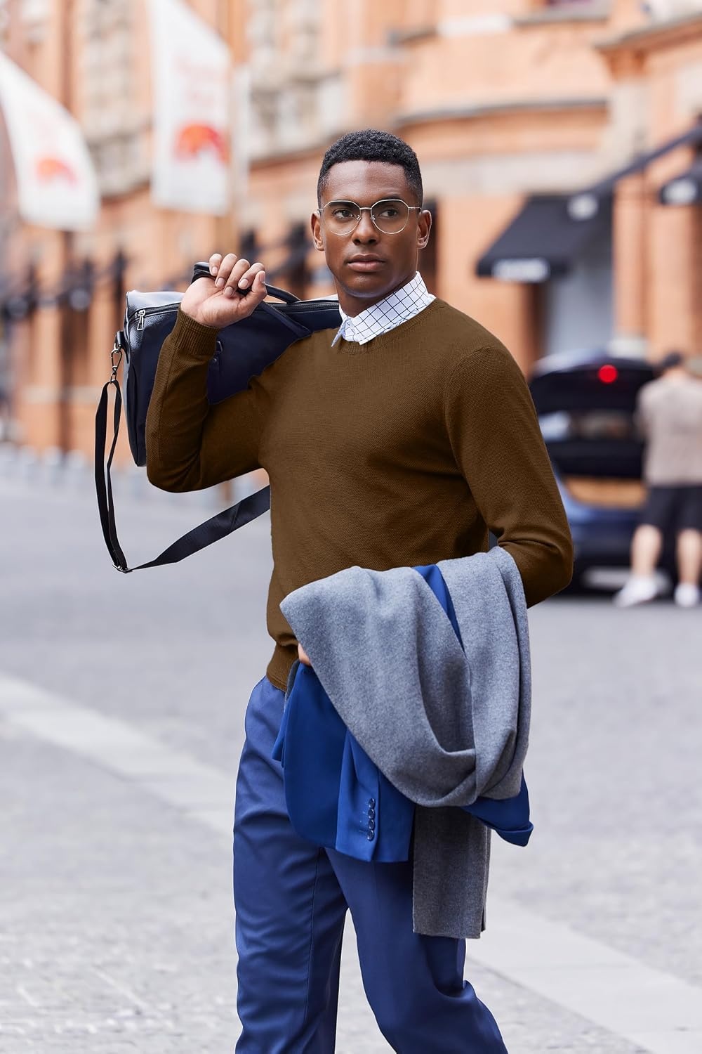 image:imageCOOFANDY Mens Crew Neck Sweaters Long Sleeve Lightweight Pullover SweaterDark Brown