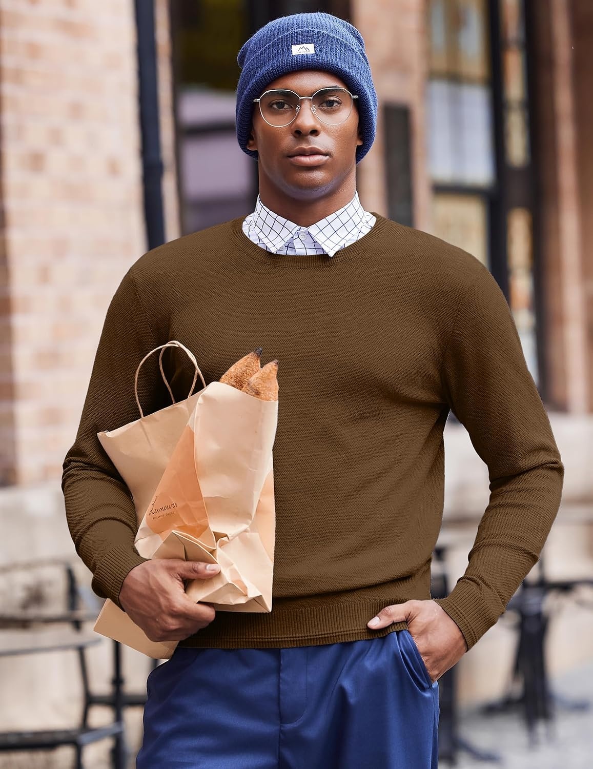 image:imageCOOFANDY Mens Crew Neck Sweaters Long Sleeve Lightweight Pullover SweaterDark Brown