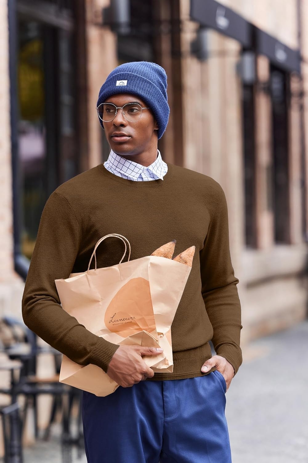 image:imageCOOFANDY Mens Crew Neck Sweaters Long Sleeve Lightweight Pullover SweaterDark Brown