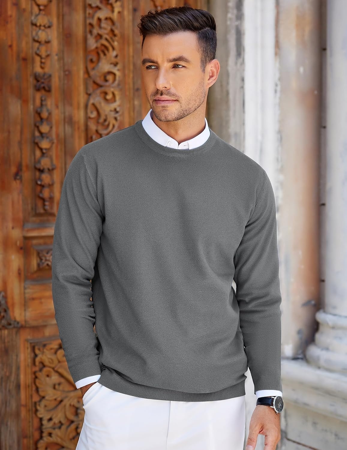 image:imageCOOFANDY Mens Crew Neck Sweaters Long Sleeve Lightweight Pullover SweaterDark Gray