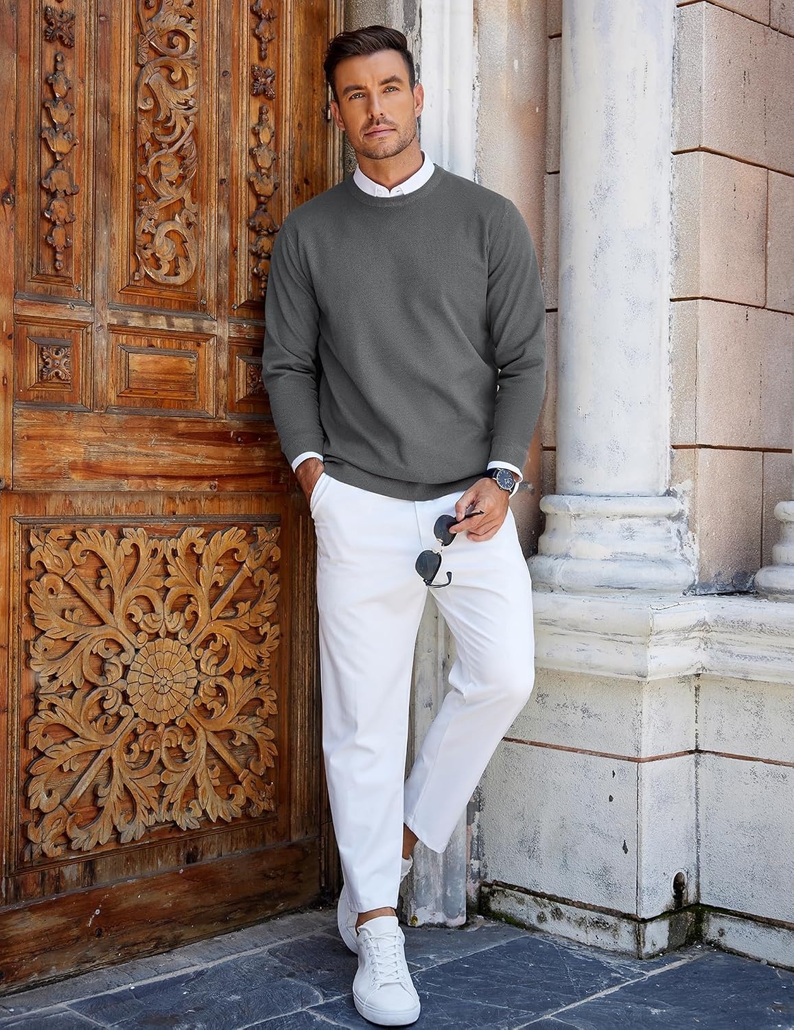image:imageCOOFANDY Mens Crew Neck Sweaters Long Sleeve Lightweight Pullover SweaterDark Gray