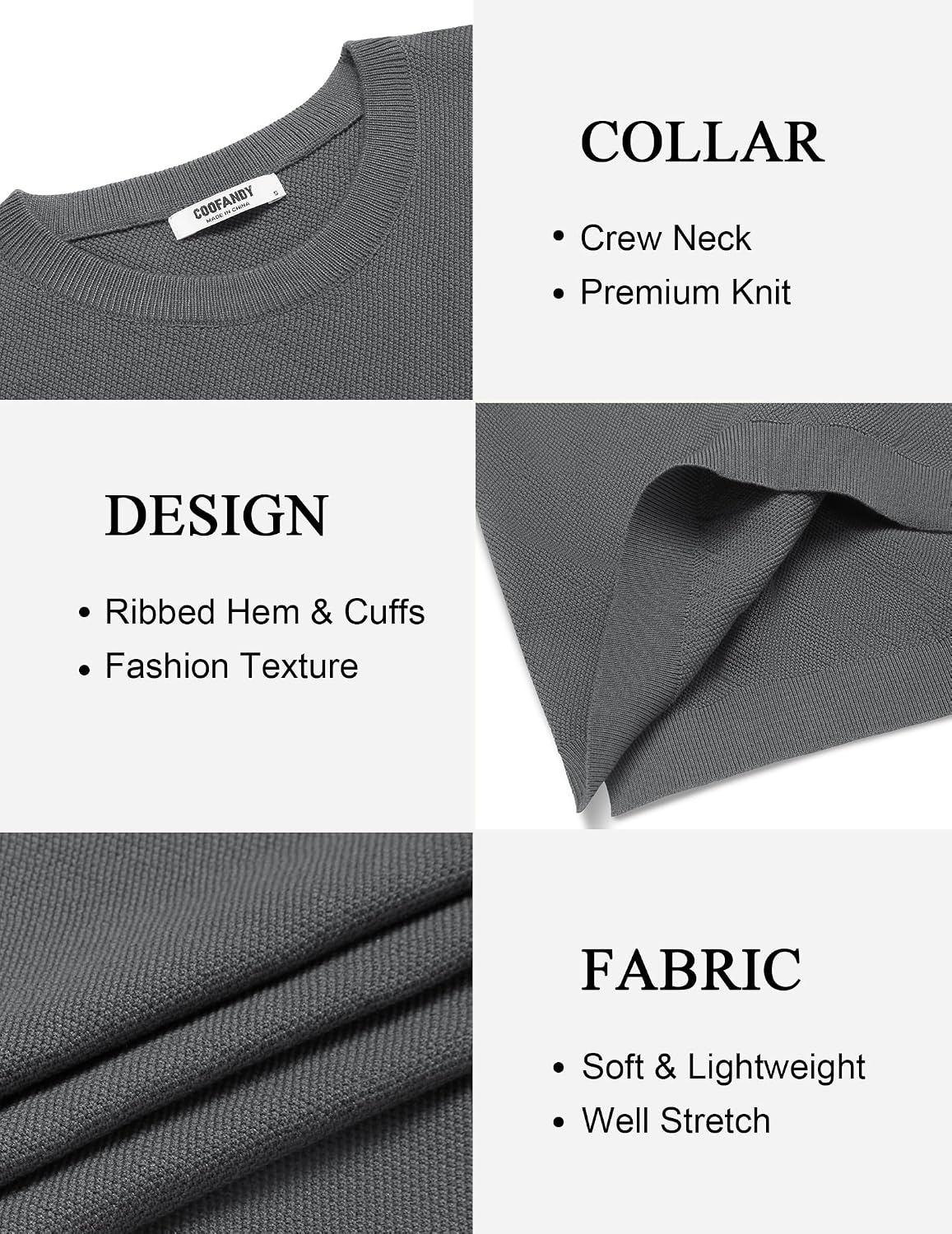 image:imageCOOFANDY Mens Crew Neck Sweaters Long Sleeve Lightweight Pullover SweaterDark Gray