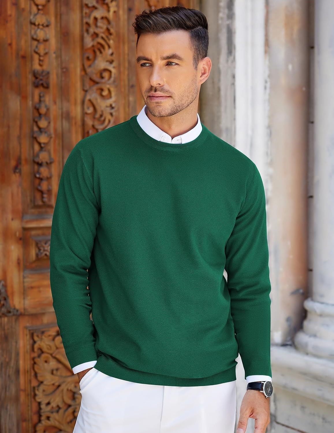 image:imageCOOFANDY Mens Crew Neck Sweaters Long Sleeve Lightweight Pullover SweaterDark Green