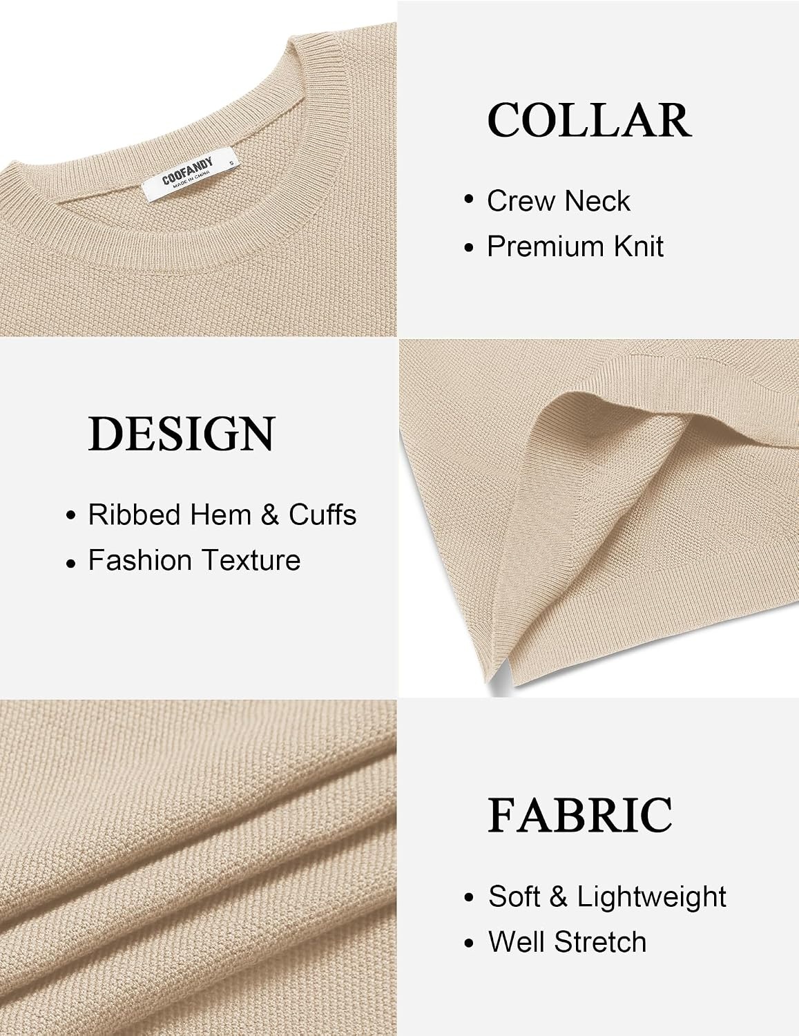 image:imageCOOFANDY Mens Crew Neck Sweaters Long Sleeve Lightweight Pullover SweaterKhaki