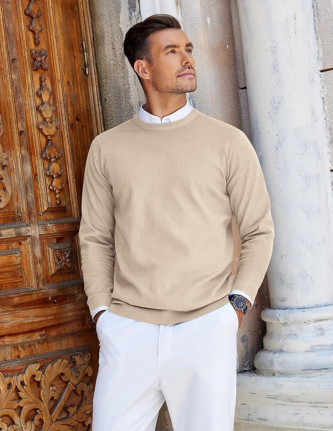 image:imageCOOFANDY Mens Crew Neck Sweaters Long Sleeve Lightweight Pullover SweaterKhaki