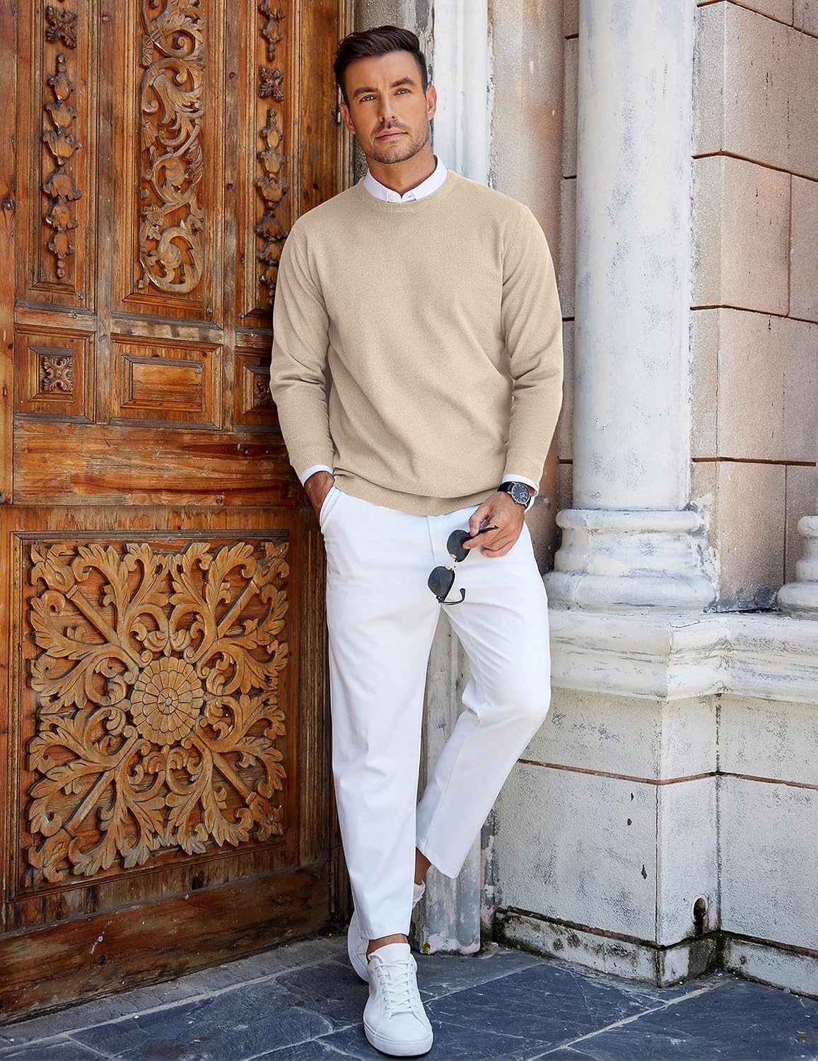 image:imageCOOFANDY Mens Crew Neck Sweaters Long Sleeve Lightweight Pullover SweaterKhaki