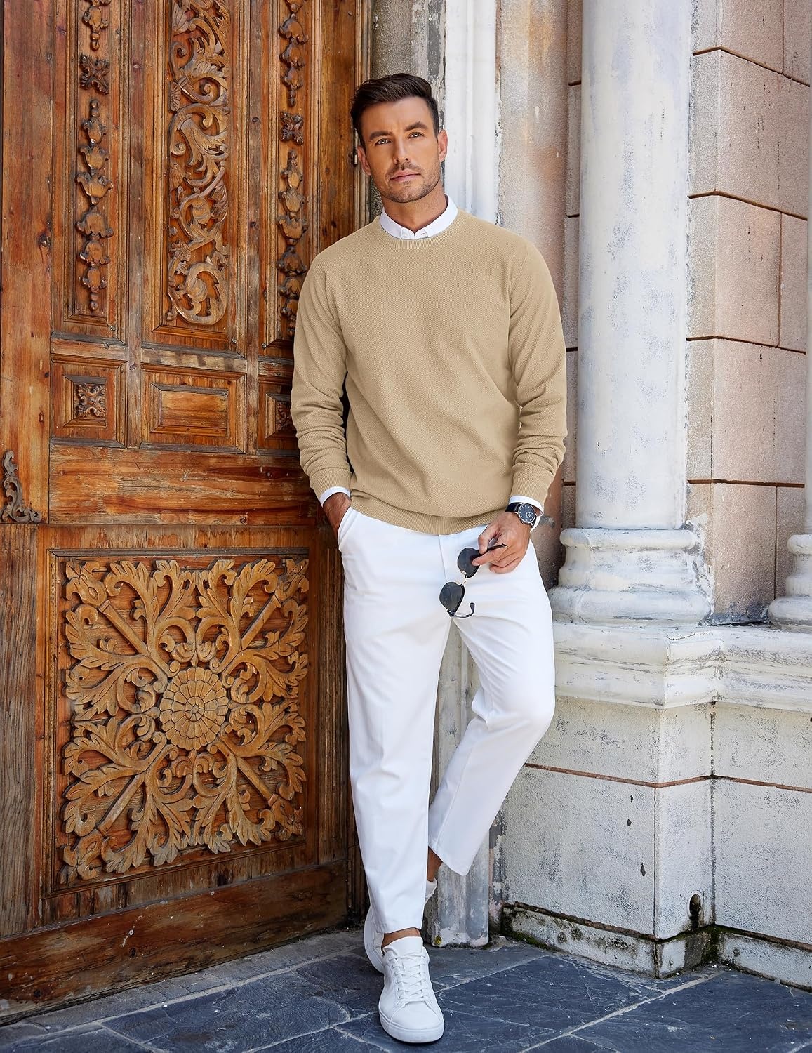 image:imageCOOFANDY Mens Crew Neck Sweaters Long Sleeve Lightweight Pullover SweaterLight Camel