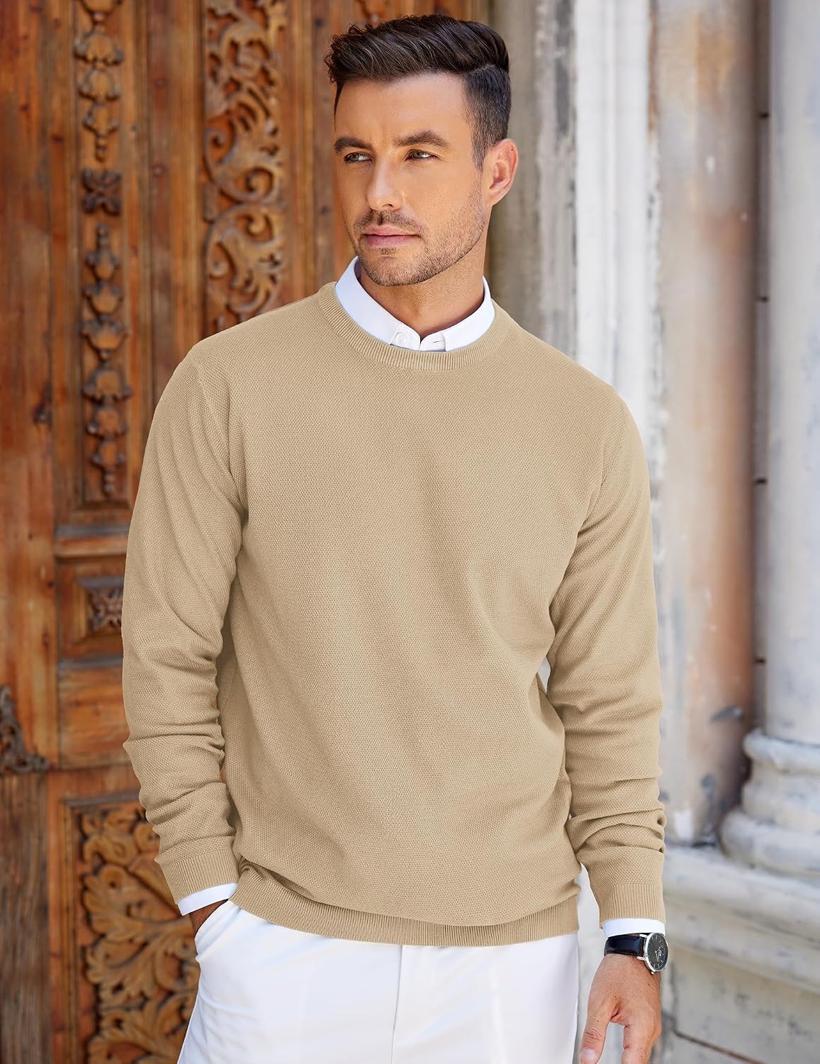 image:imageCOOFANDY Mens Crew Neck Sweaters Long Sleeve Lightweight Pullover SweaterLight Camel