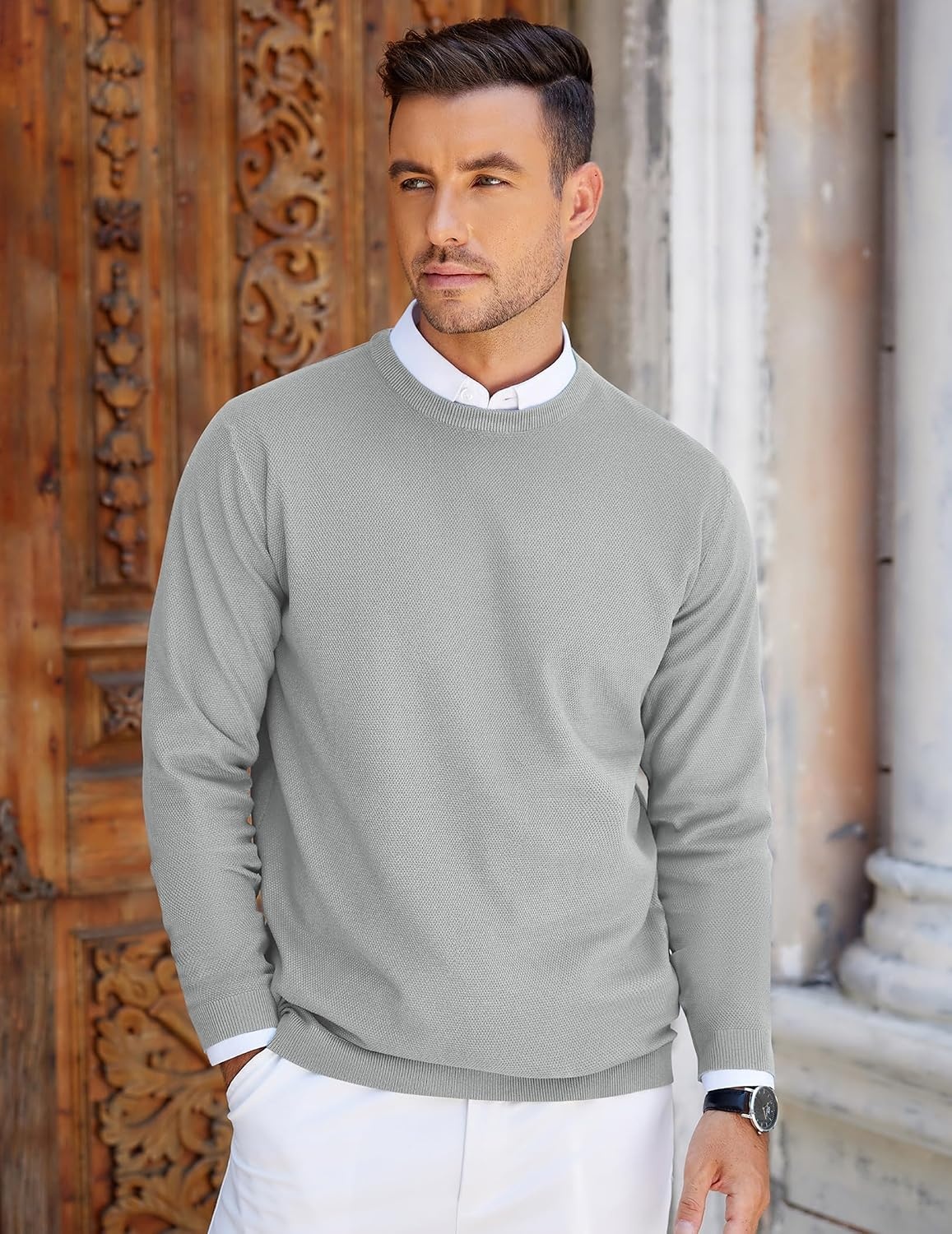 image:imageCOOFANDY Mens Crew Neck Sweaters Long Sleeve Lightweight Pullover SweaterLight Gray