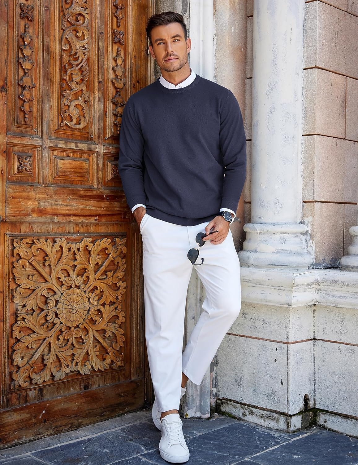 image:imageCOOFANDY Mens Crew Neck Sweaters Long Sleeve Lightweight Pullover SweaterNavy Blue