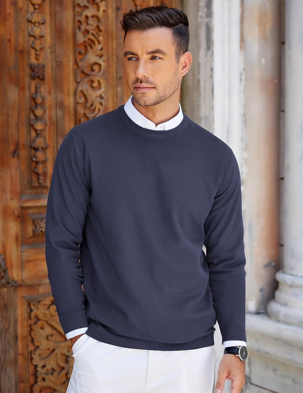 image:imageCOOFANDY Mens Crew Neck Sweaters Long Sleeve Lightweight Pullover SweaterNavy Blue