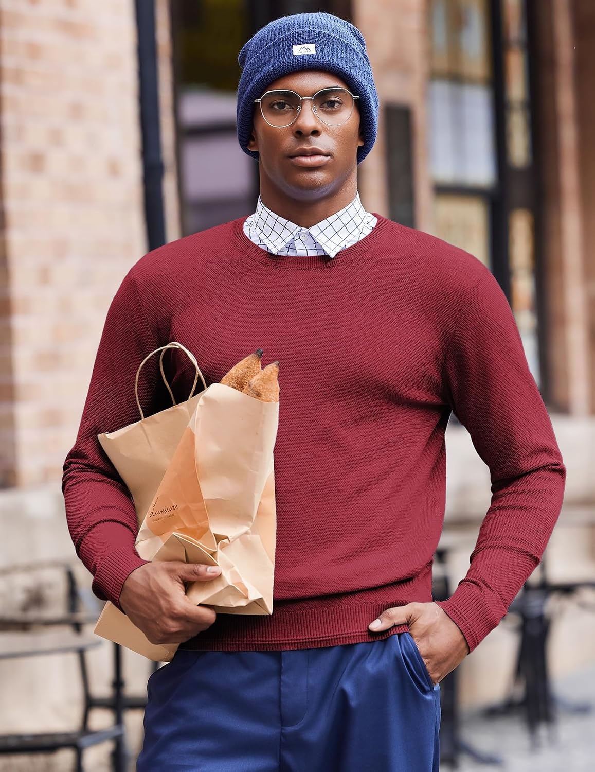 image:imageCOOFANDY Mens Crew Neck Sweaters Long Sleeve Lightweight Pullover SweaterRed