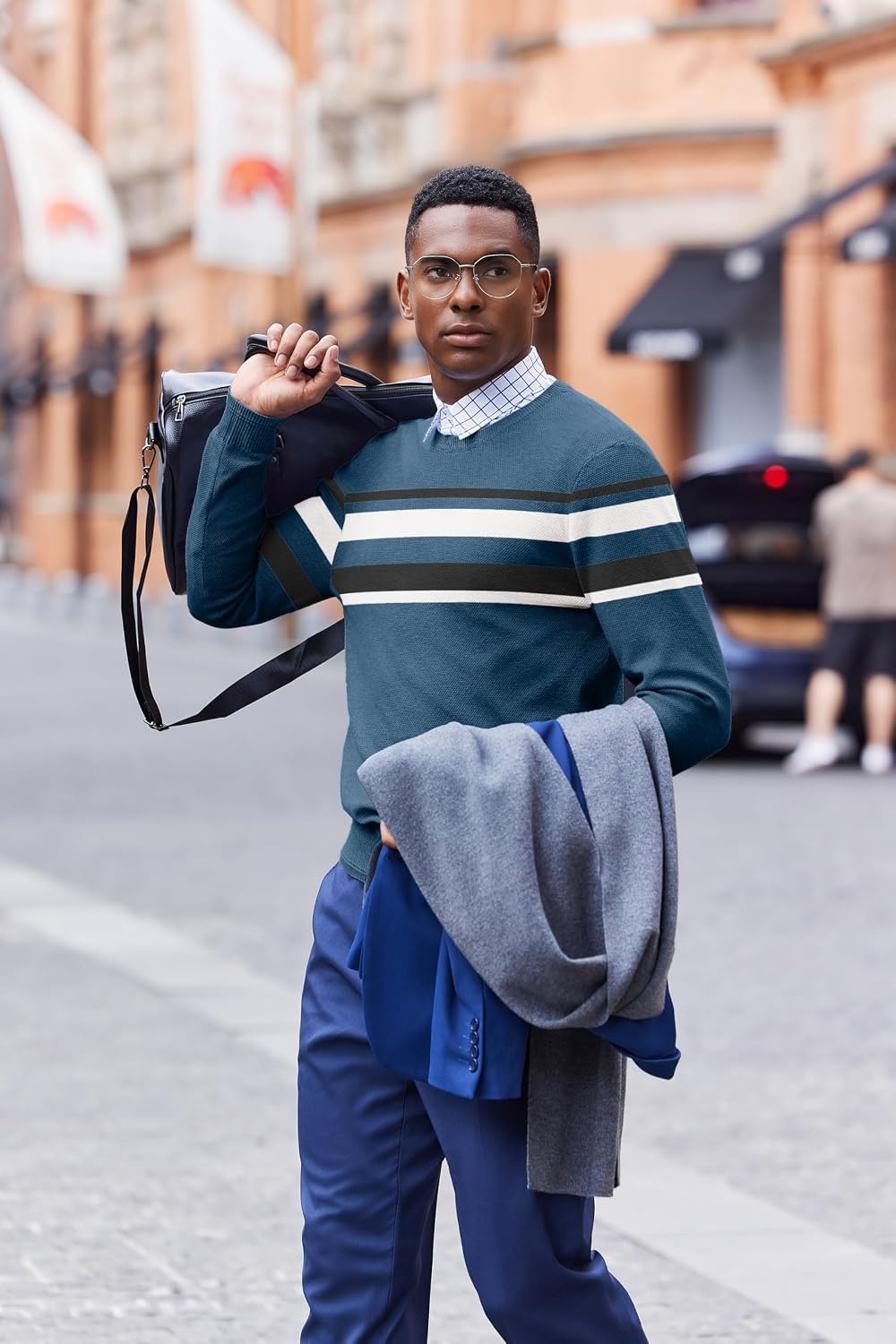 image:imageCOOFANDY Mens Crew Neck Sweaters Long Sleeve Lightweight Pullover SweaterStripesblue