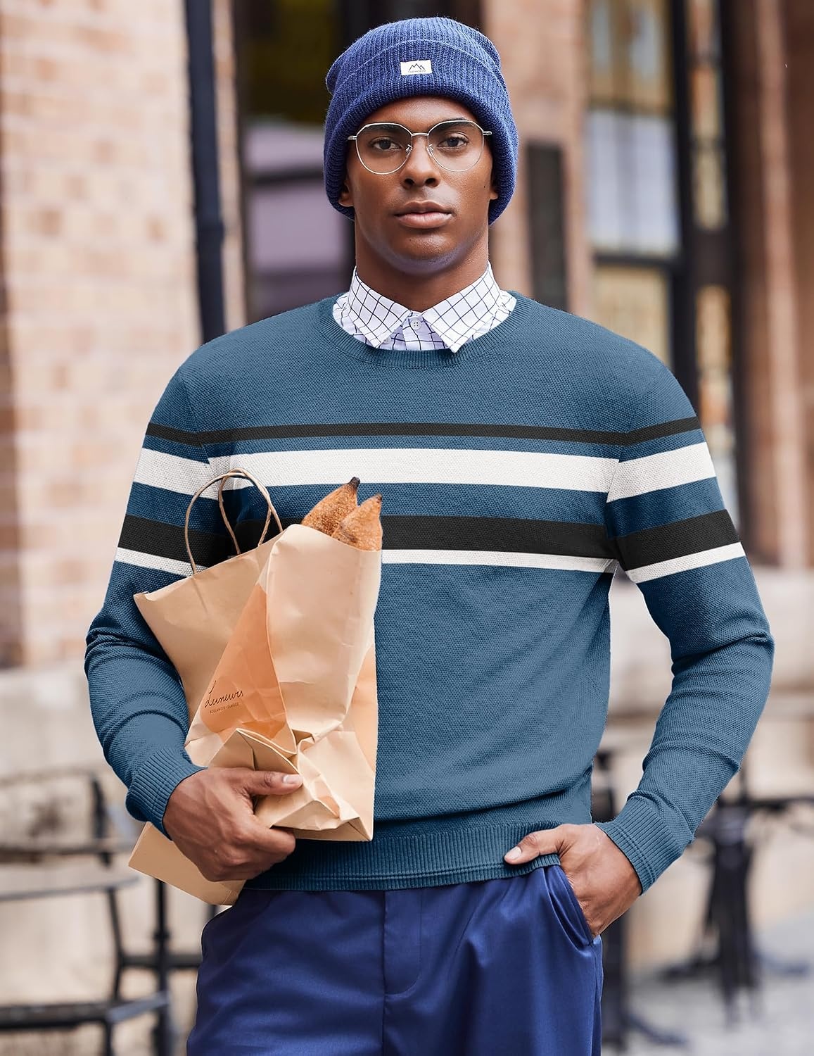 image:imageCOOFANDY Mens Crew Neck Sweaters Long Sleeve Lightweight Pullover SweaterStripesblue