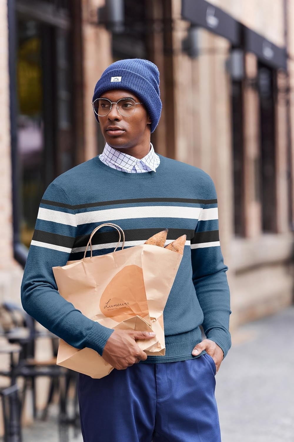 image:imageCOOFANDY Mens Crew Neck Sweaters Long Sleeve Lightweight Pullover SweaterStripesblue