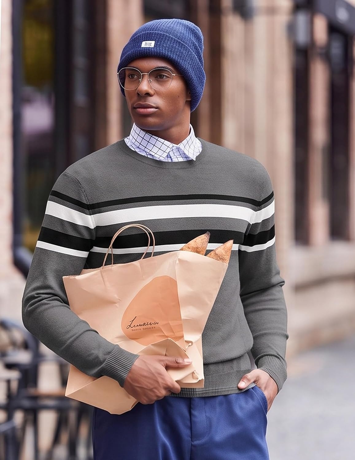 image:imageCOOFANDY Mens Crew Neck Sweaters Long Sleeve Lightweight Pullover SweaterStripesdark Gray