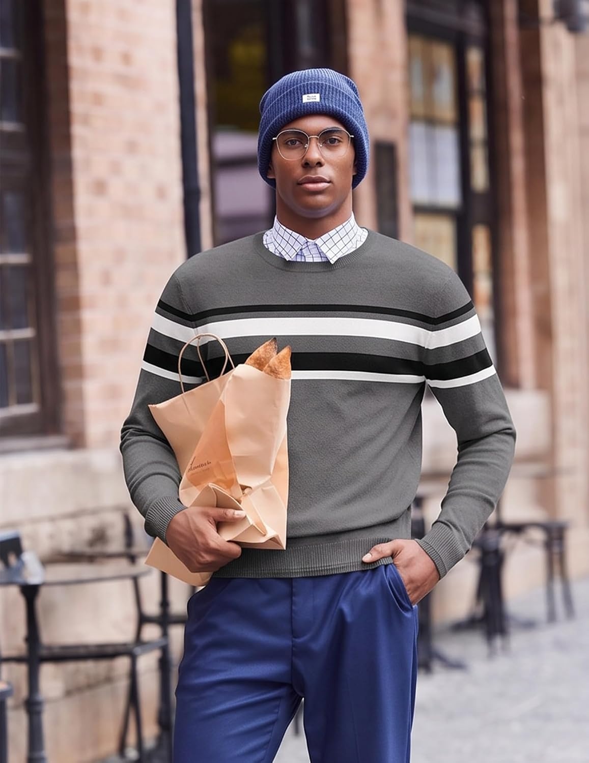 image:imageCOOFANDY Mens Crew Neck Sweaters Long Sleeve Lightweight Pullover SweaterStripesdark Gray