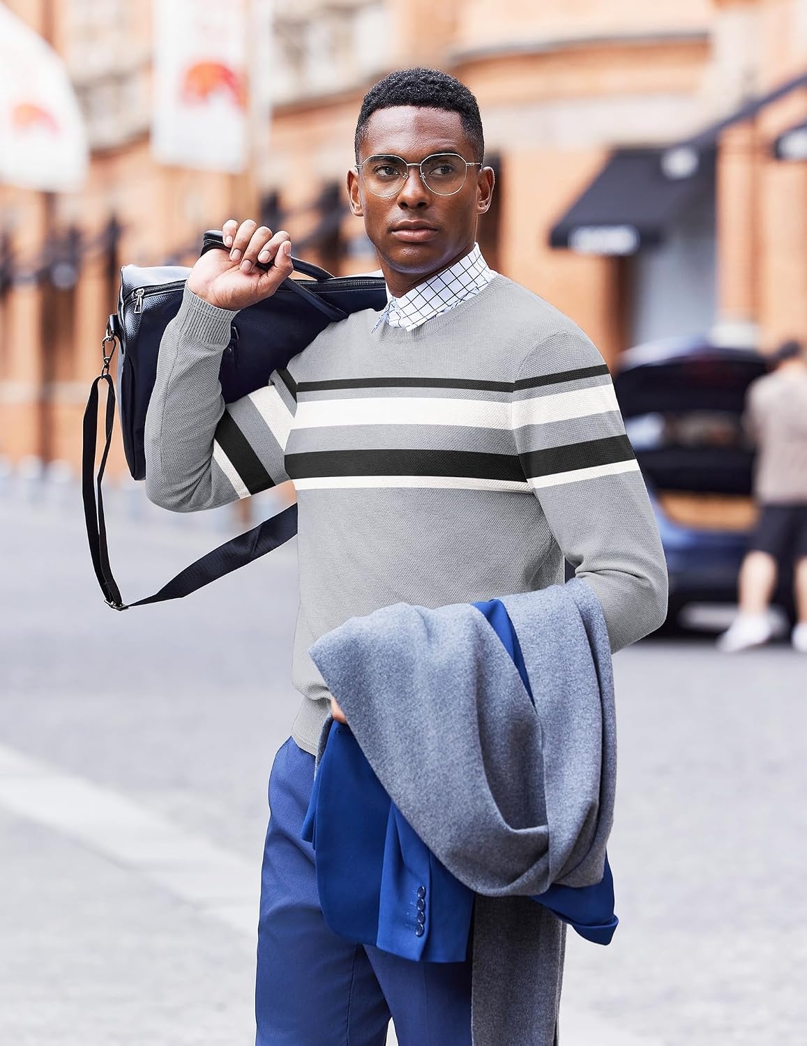 image:imageCOOFANDY Mens Crew Neck Sweaters Long Sleeve Lightweight Pullover SweaterStripeslight Gray