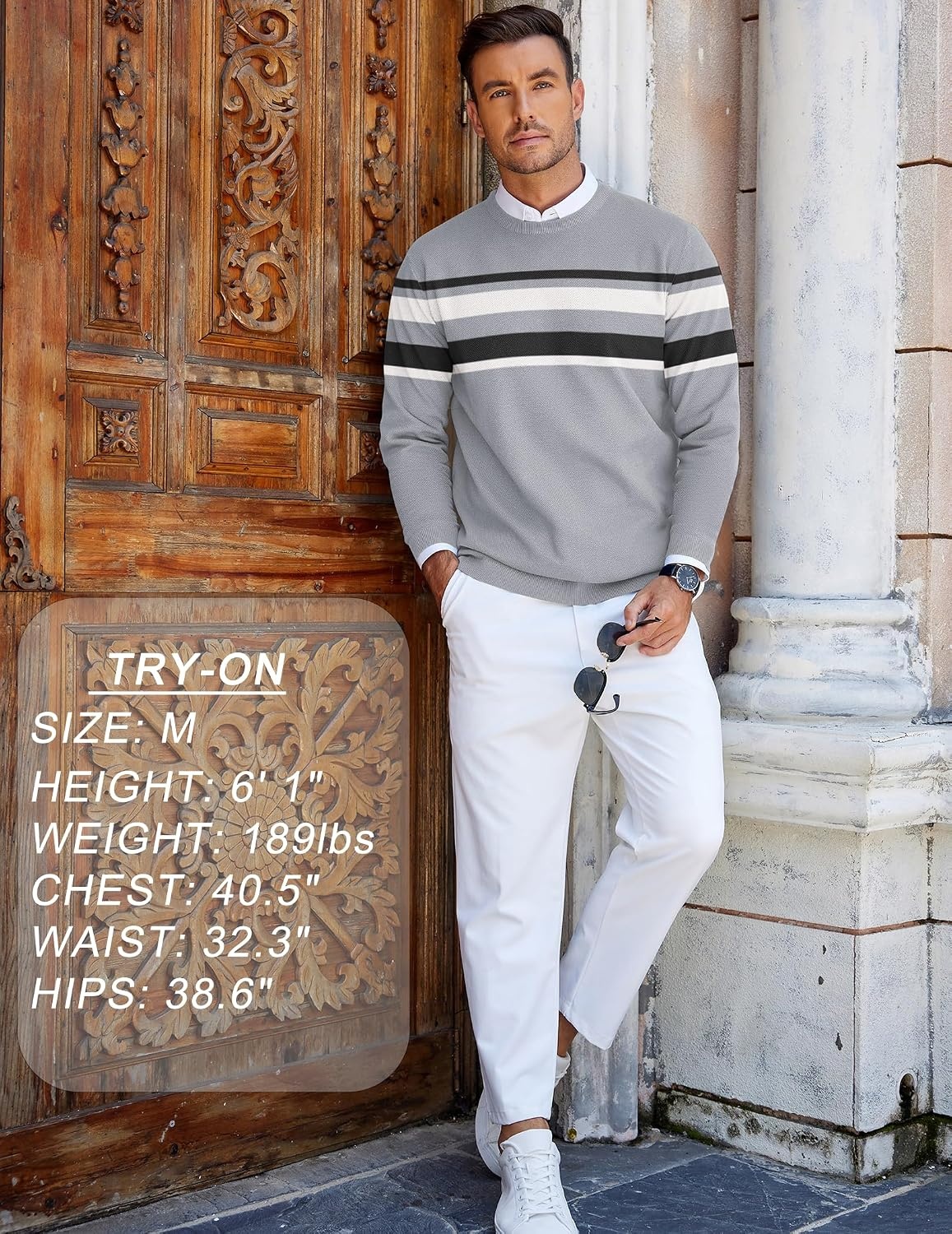 image:imageCOOFANDY Mens Crew Neck Sweaters Long Sleeve Lightweight Pullover SweaterStripeslight Gray