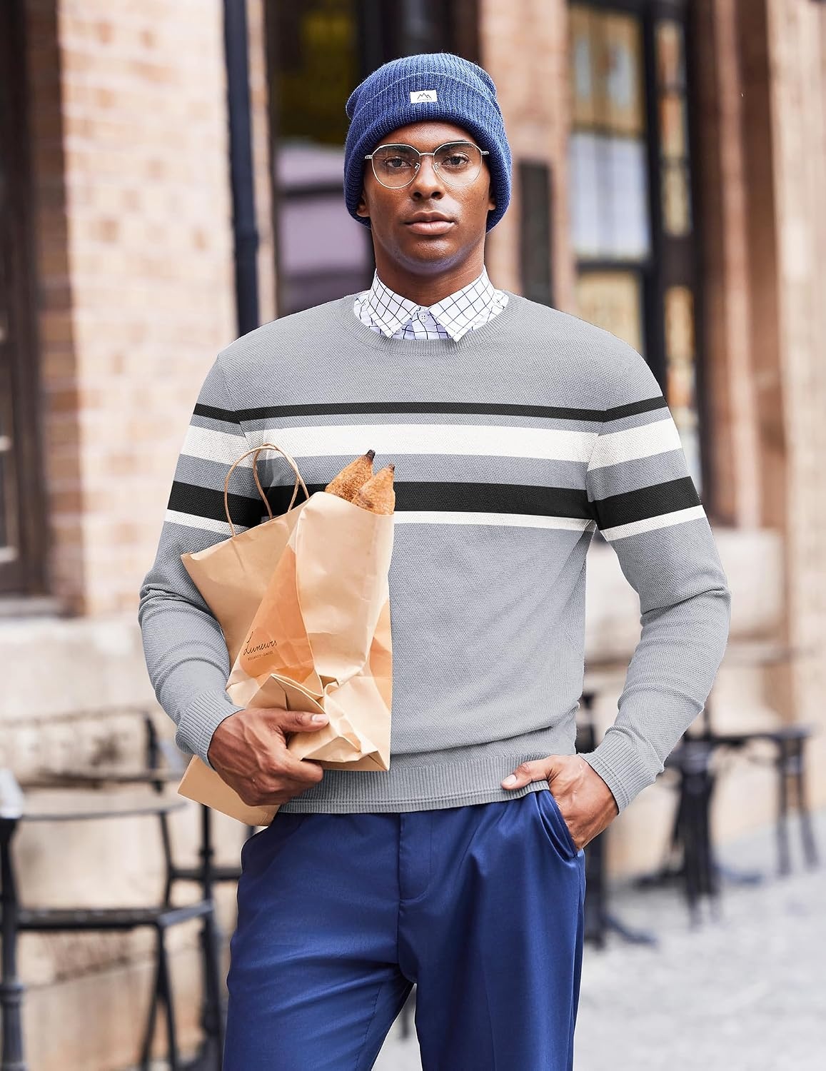 image:imageCOOFANDY Mens Crew Neck Sweaters Long Sleeve Lightweight Pullover SweaterStripeslight Gray