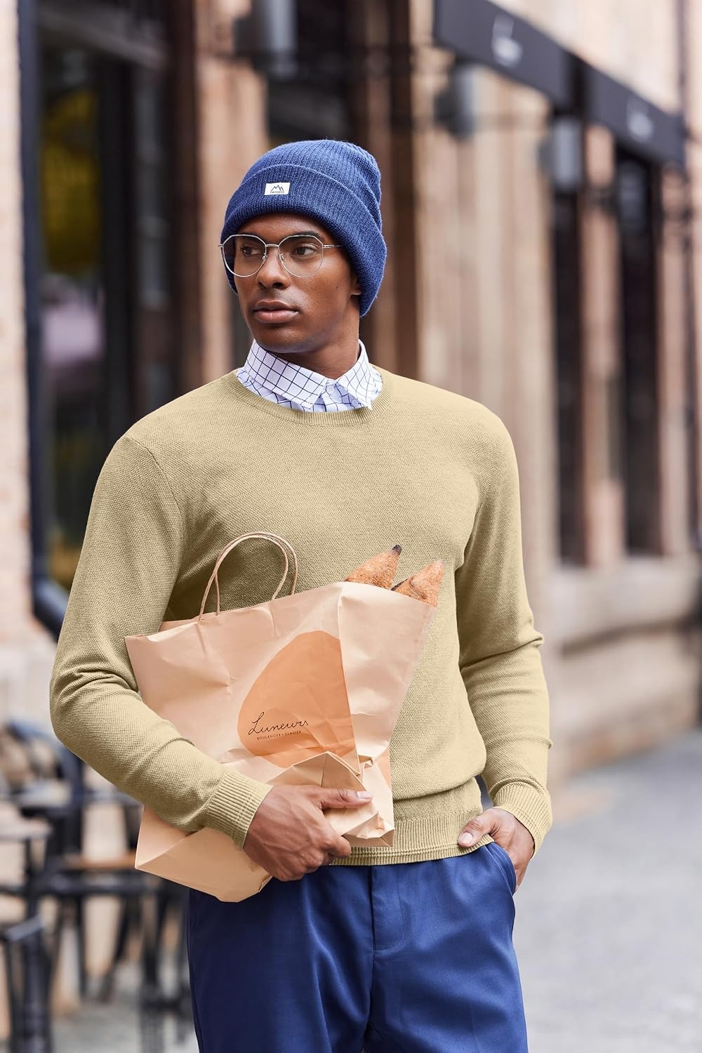 image:imageCOOFANDY Mens Crew Neck Sweaters Long Sleeve Lightweight Pullover SweaterTan