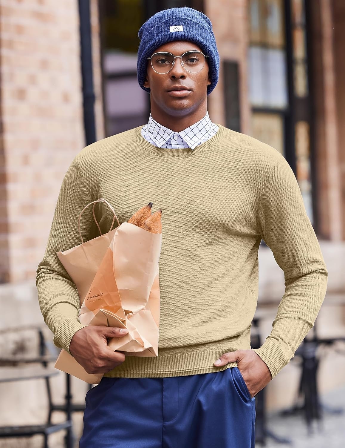 image:imageCOOFANDY Mens Crew Neck Sweaters Long Sleeve Lightweight Pullover SweaterTan