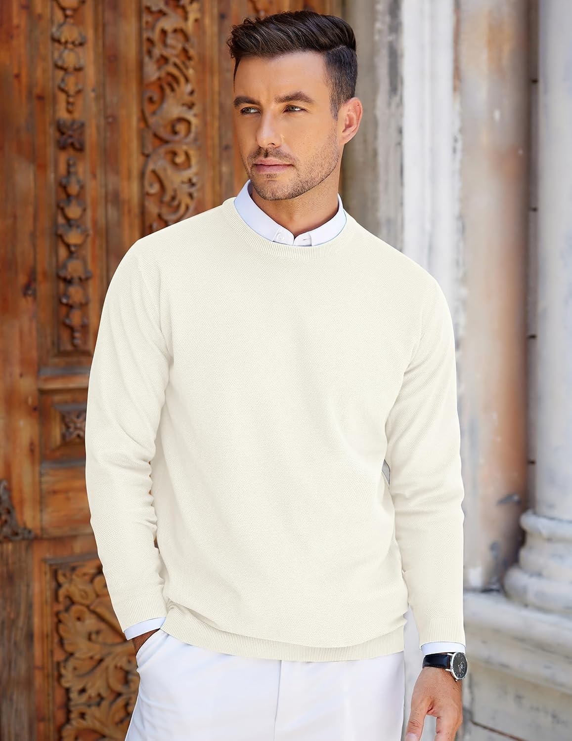 image:imageCOOFANDY Mens Crew Neck Sweaters Long Sleeve Lightweight Pullover SweaterWhite