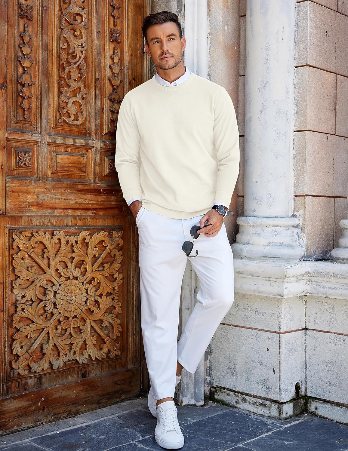 image:imageCOOFANDY Mens Crew Neck Sweaters Long Sleeve Lightweight Pullover SweaterWhite