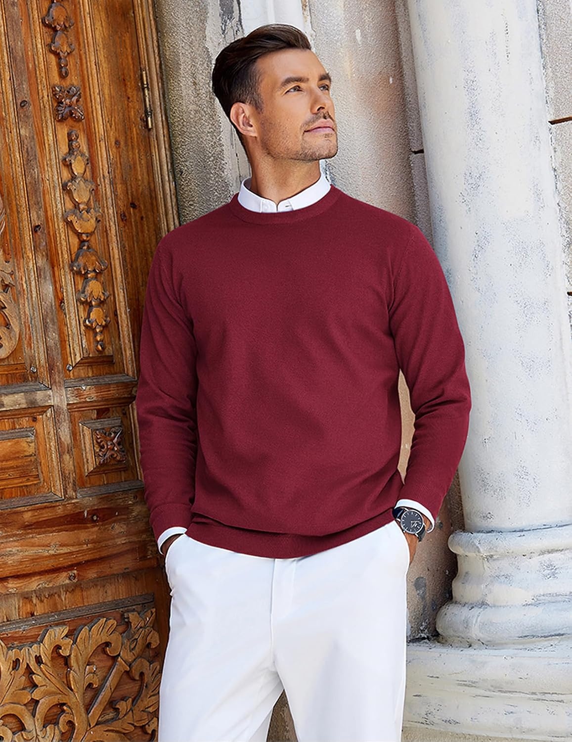 image:imageCOOFANDY Mens Crew Neck Sweaters Long Sleeve Lightweight Pullover SweaterWine Red