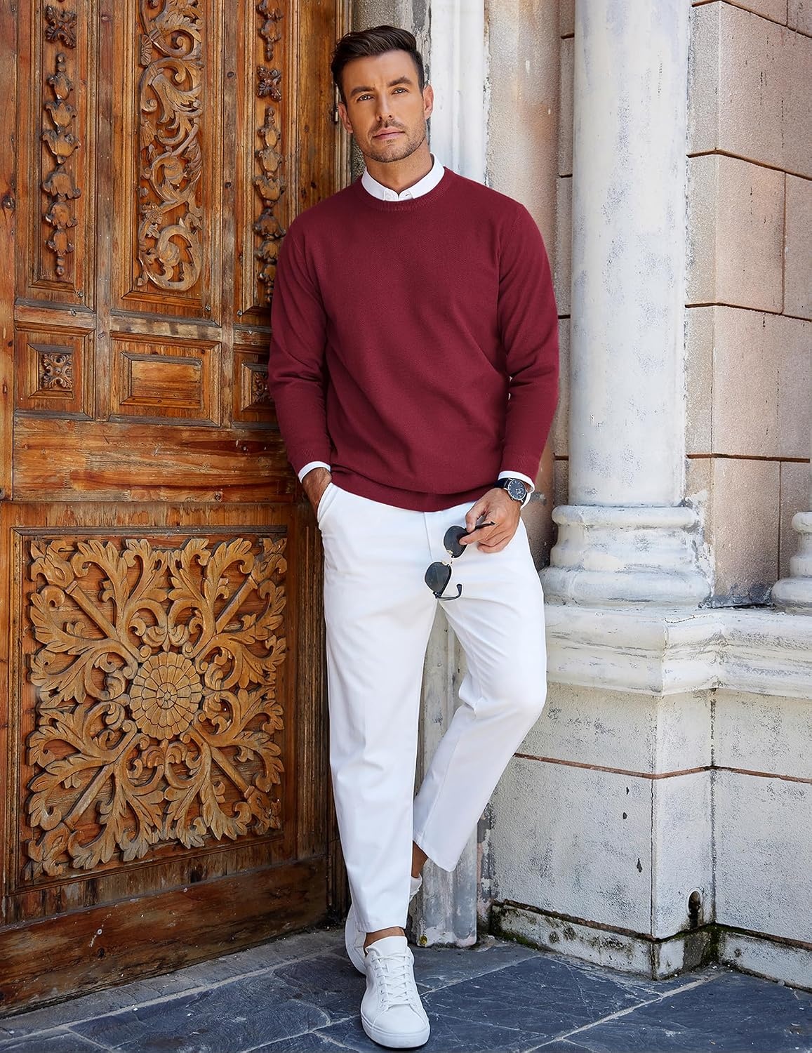 image:imageCOOFANDY Mens Crew Neck Sweaters Long Sleeve Lightweight Pullover SweaterWine Red