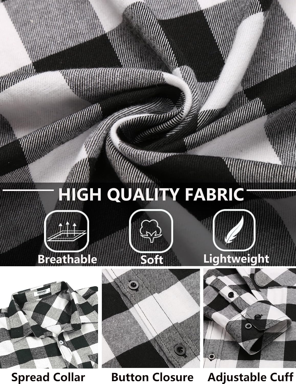 image:imageCOOFANDY Mens Flannel Plaid Shirts Long Sleeve Caual Button Down ShirtsBlackwhite