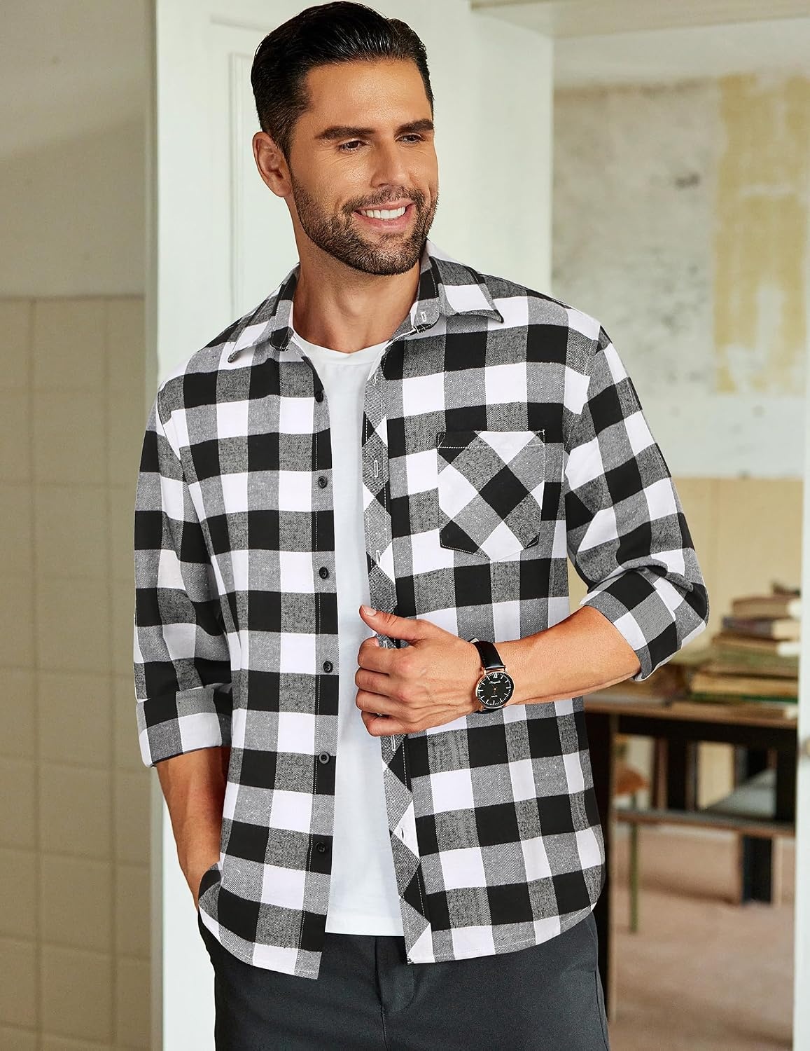 image:imageCOOFANDY Mens Flannel Plaid Shirts Long Sleeve Caual Button Down ShirtsBlackwhite