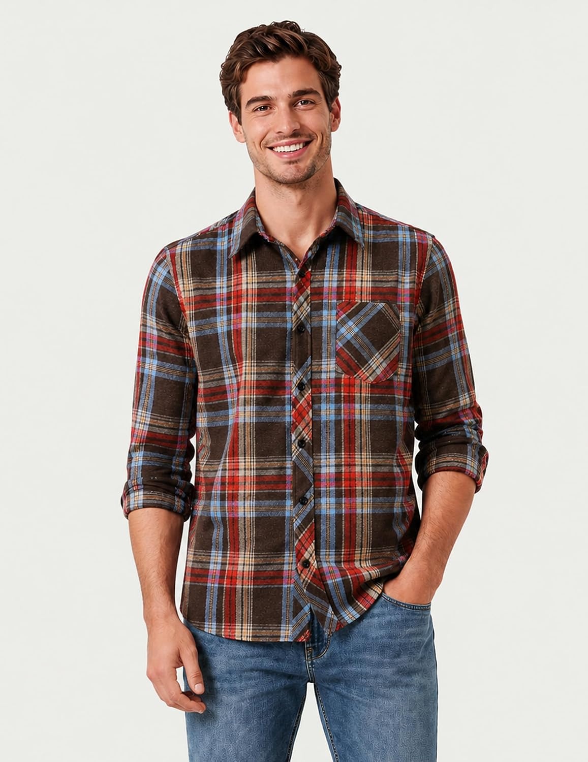 image:imageCOOFANDY Mens Flannel Plaid Shirts Long Sleeve Caual Button Down ShirtsBrown