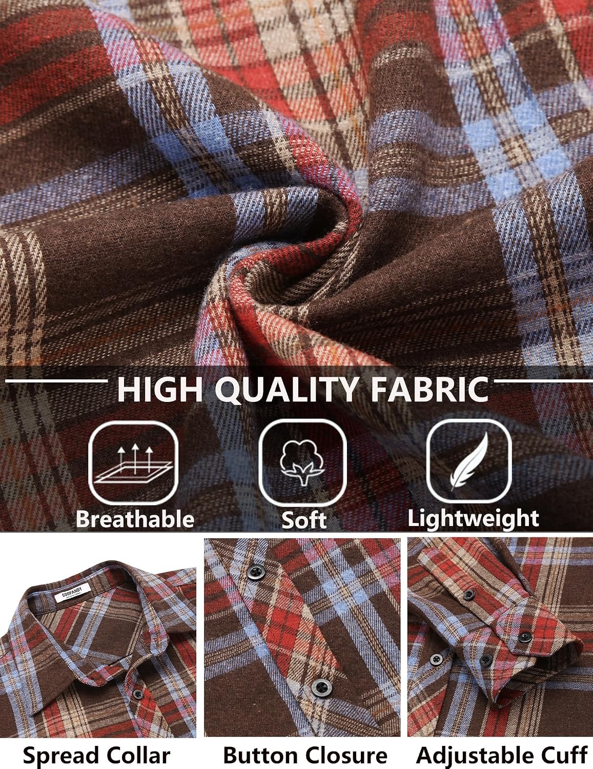 image:imageCOOFANDY Mens Flannel Plaid Shirts Long Sleeve Caual Button Down ShirtsBrown