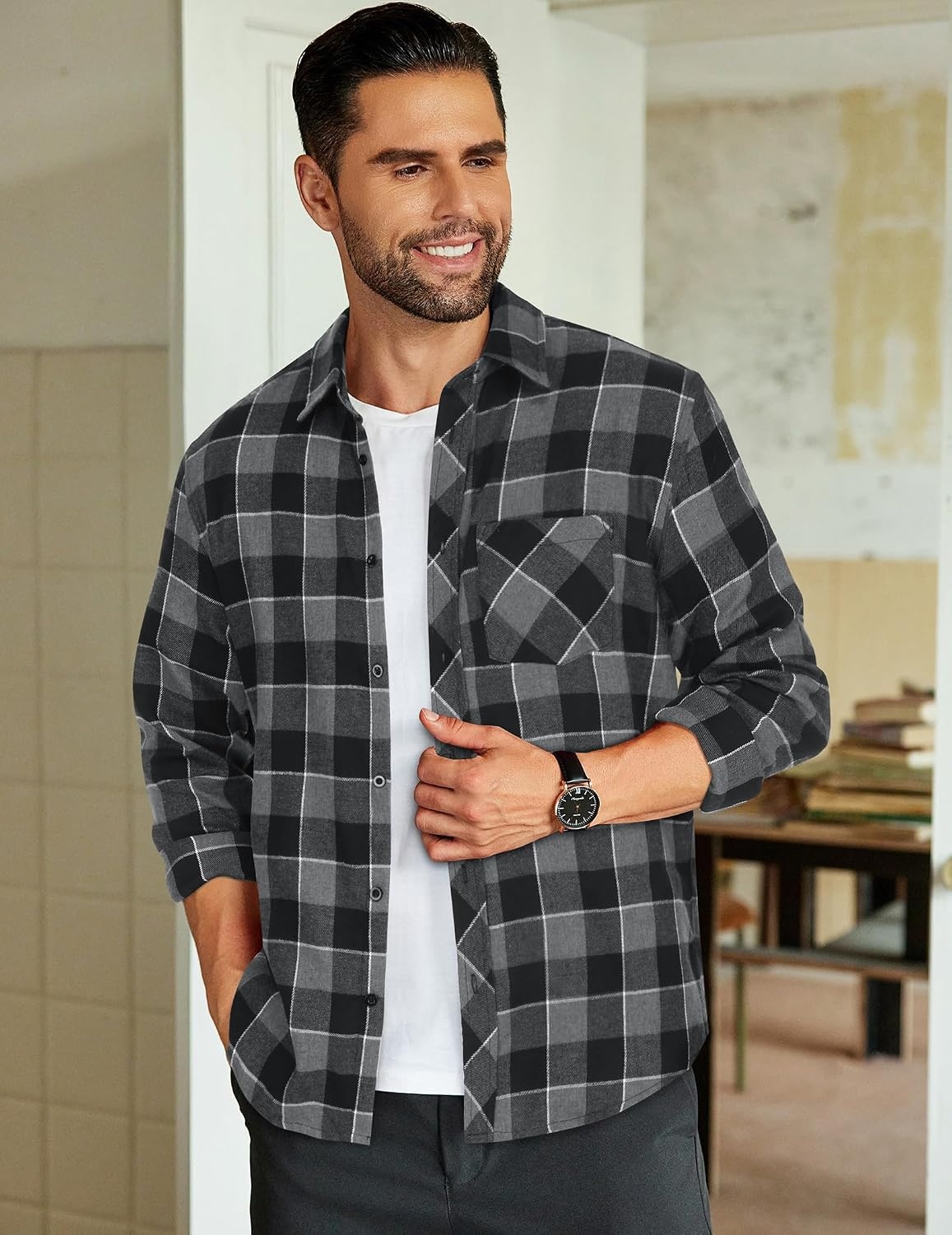 image:imageCOOFANDY Mens Flannel Plaid Shirts Long Sleeve Caual Button Down ShirtsDark Grey
