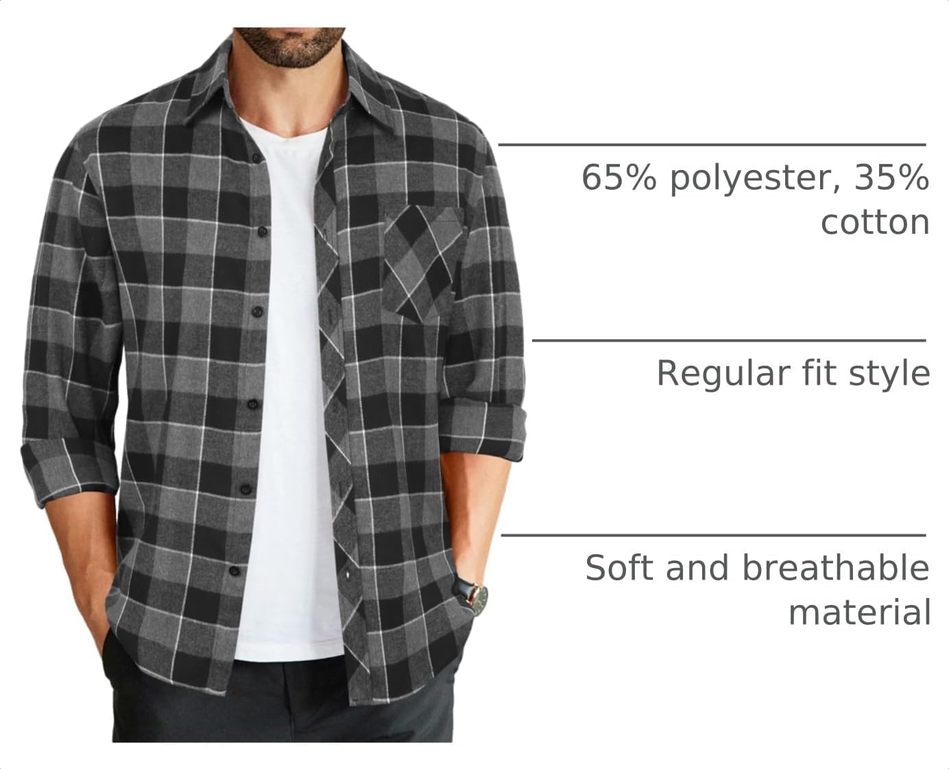 image:imageCOOFANDY Mens Flannel Plaid Shirts Long Sleeve Caual Button Down ShirtsDark Grey