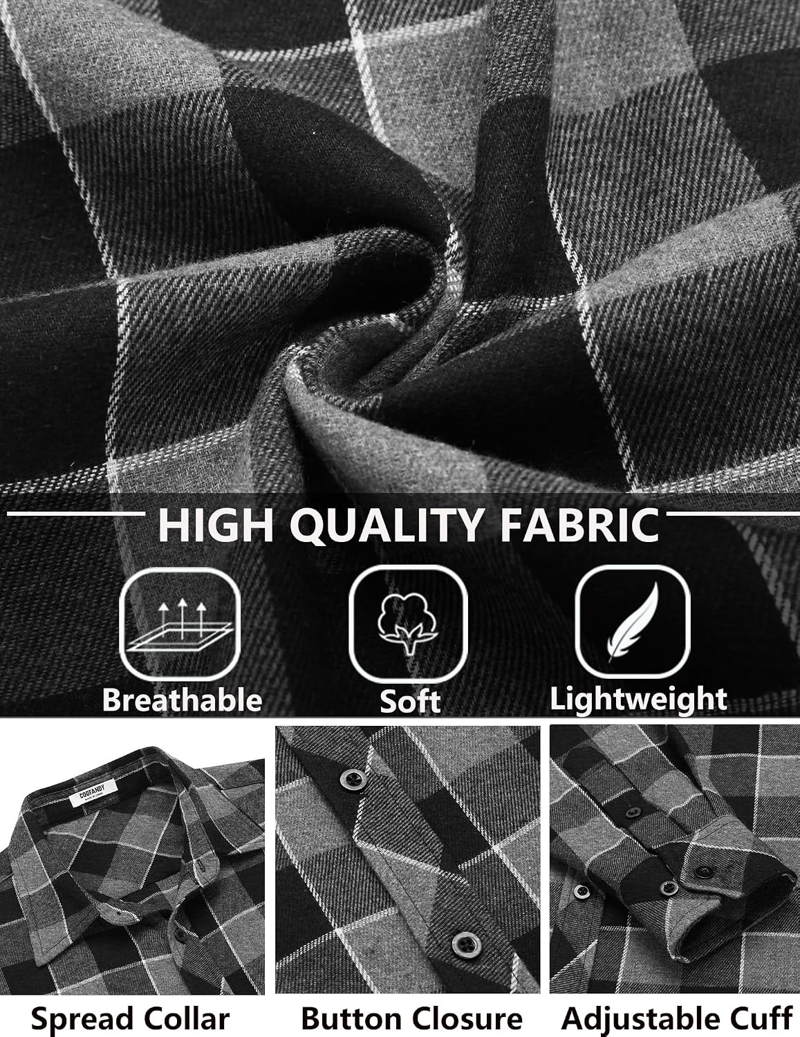 image:imageCOOFANDY Mens Flannel Plaid Shirts Long Sleeve Caual Button Down ShirtsDark Grey
