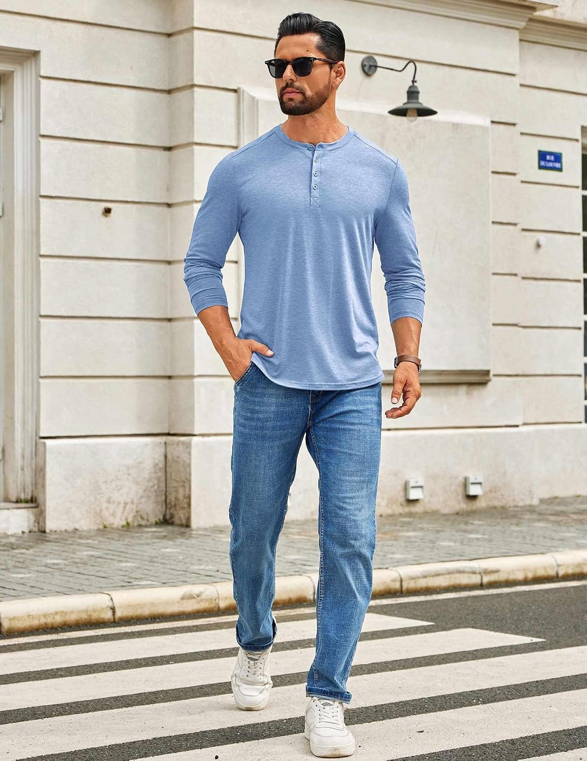 image:imageCOOFANDY Mens Henley Shirts Long Sleeve TShirt Lightweight Fashion Casual Pullover Tee ShirtLight Blue