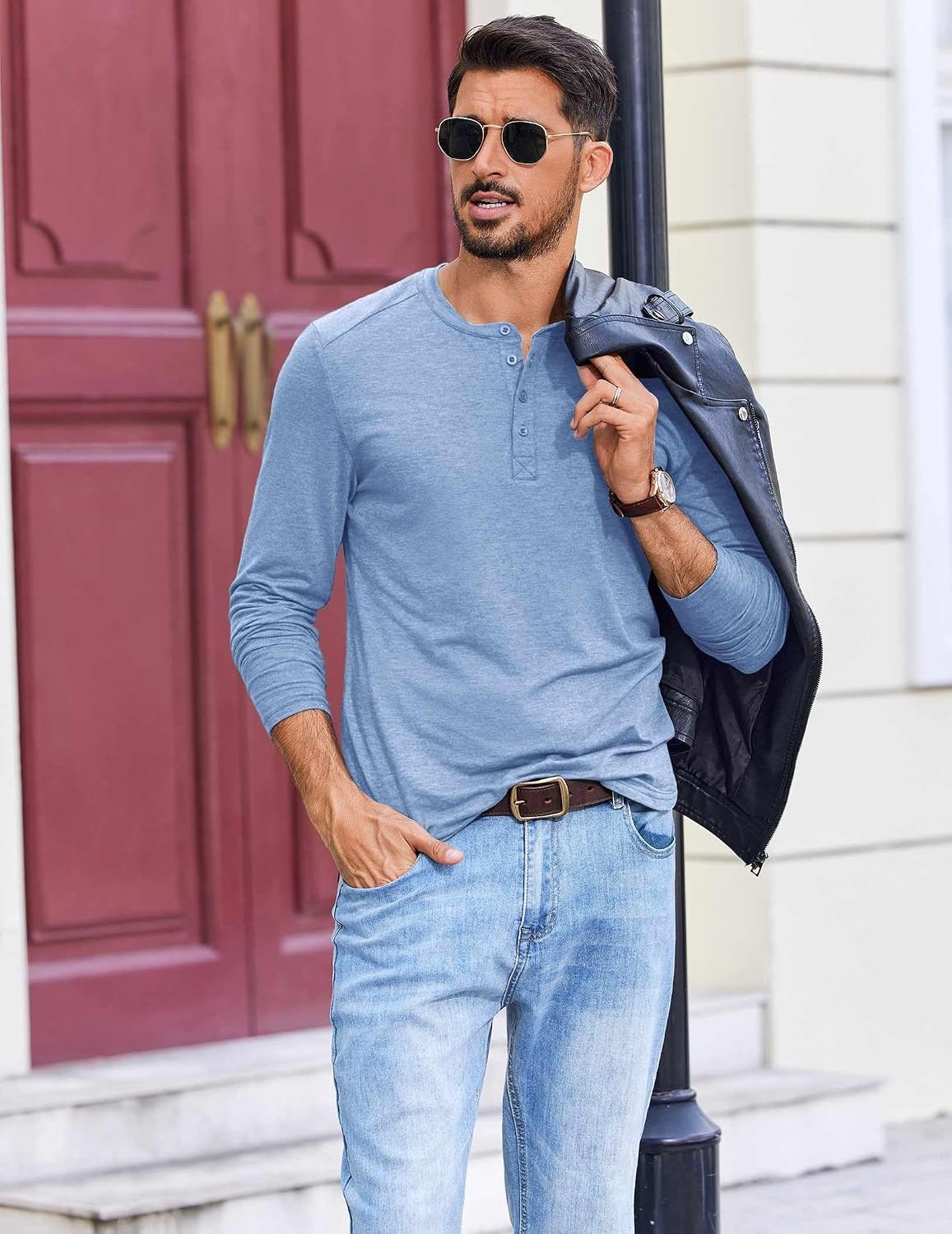 image:imageCOOFANDY Mens Henley Shirts Long Sleeve TShirt Lightweight Fashion Casual Pullover Tee ShirtLight Blue