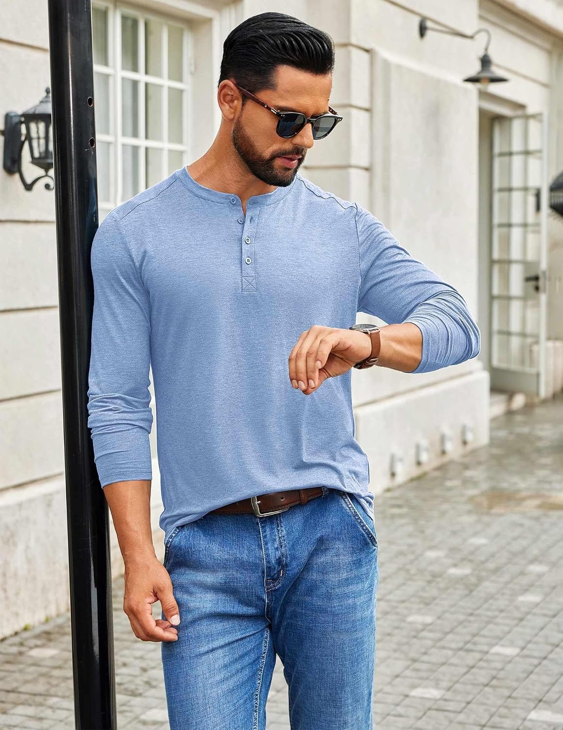 image:imageCOOFANDY Mens Henley Shirts Long Sleeve TShirt Lightweight Fashion Casual Pullover Tee ShirtLight Blue