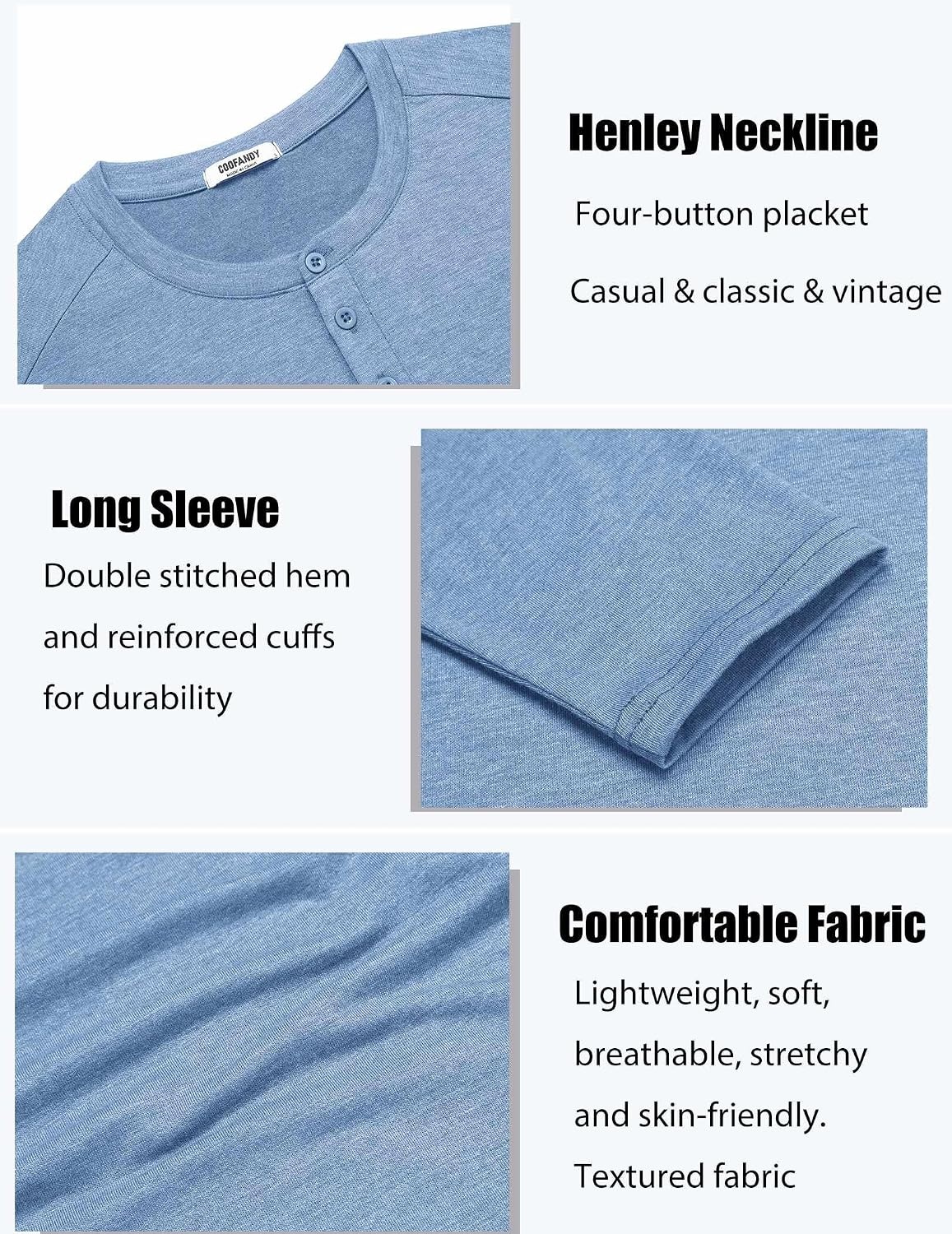 image:imageCOOFANDY Mens Henley Shirts Long Sleeve TShirt Lightweight Fashion Casual Pullover Tee ShirtLight Blue