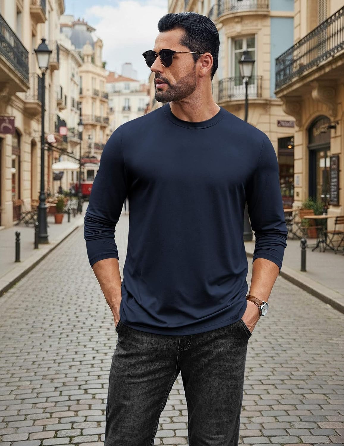 image:imageCOOFANDY Mens Long Sleeve Tee Shirts Stretch Crew Neck Tee Shirts Casual T Shirts for Men2 Pack Blackdark Blue