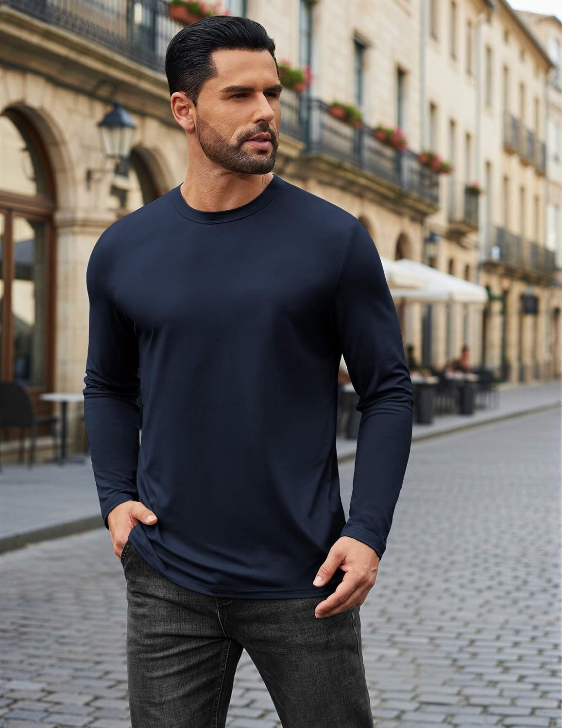image:imageCOOFANDY Mens Long Sleeve Tee Shirts Stretch Crew Neck Tee Shirts Casual T Shirts for Men2 Pack Blackdark Blue