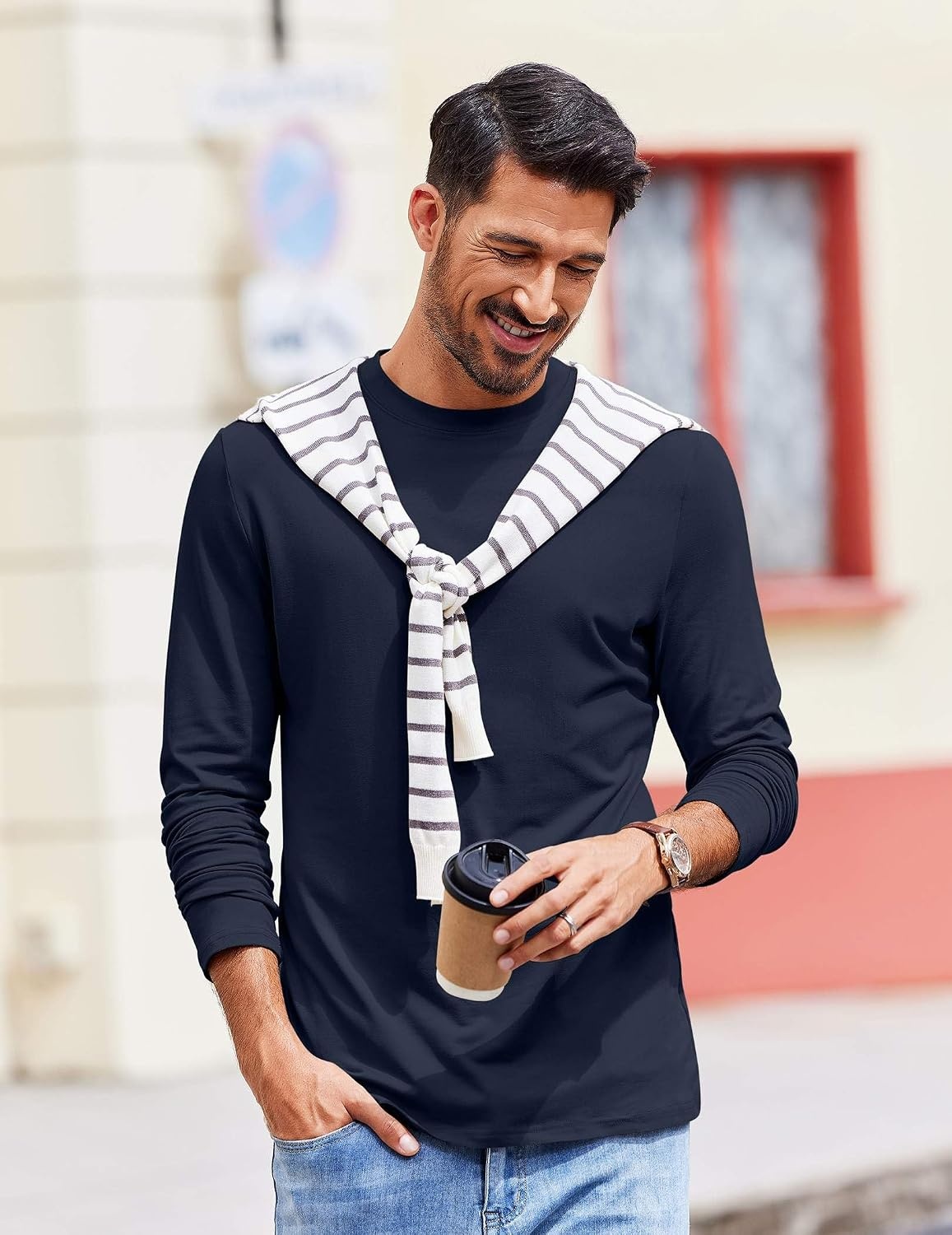 image:imageCOOFANDY Mens Long Sleeve Tee Shirts Stretch Crew Neck Tee Shirts Casual T Shirts for Men2 Pack Blackdark Blue