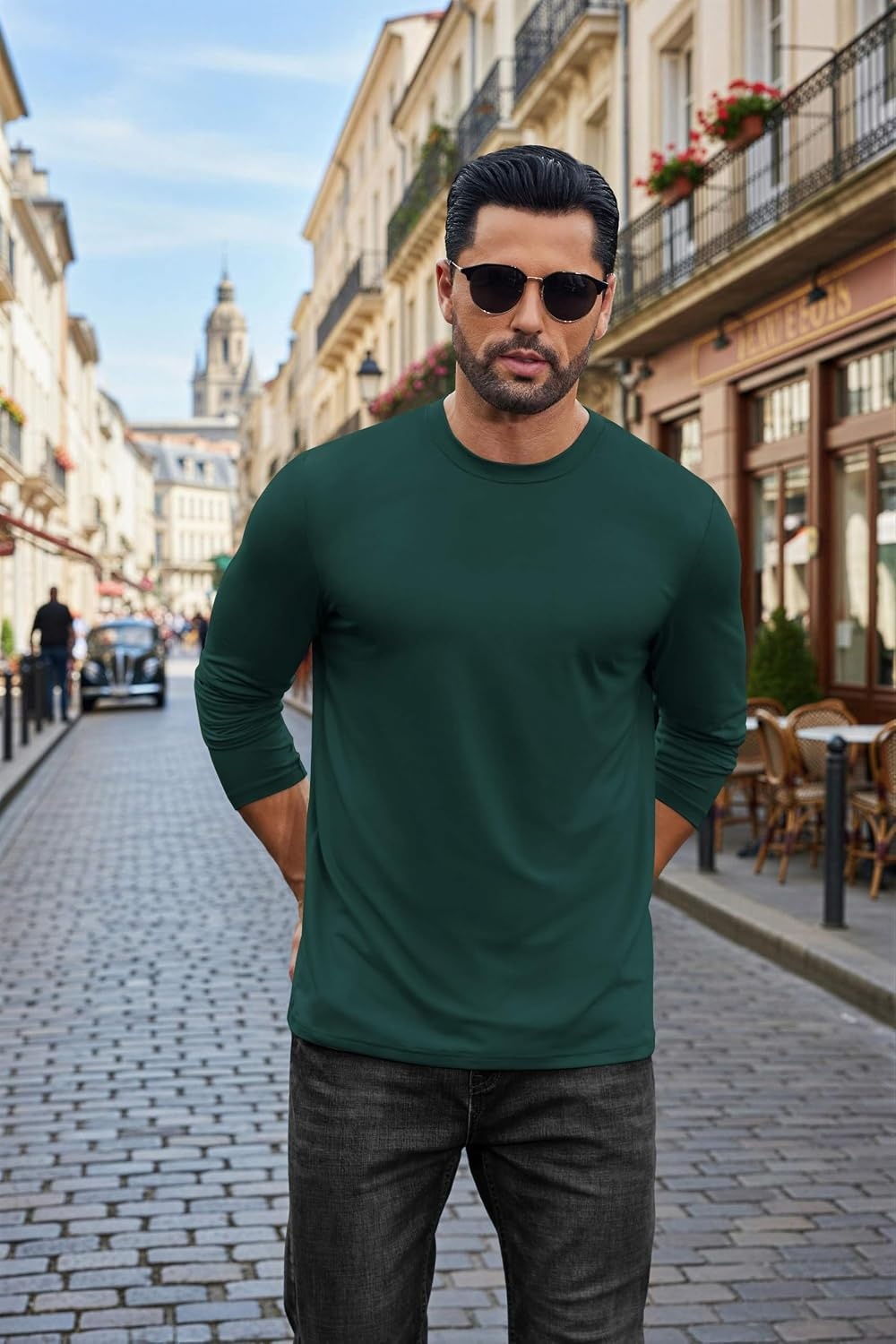 image:imageCOOFANDY Mens Long Sleeve Tee Shirts Stretch Crew Neck Tee Shirts Casual T Shirts for MenLake Green