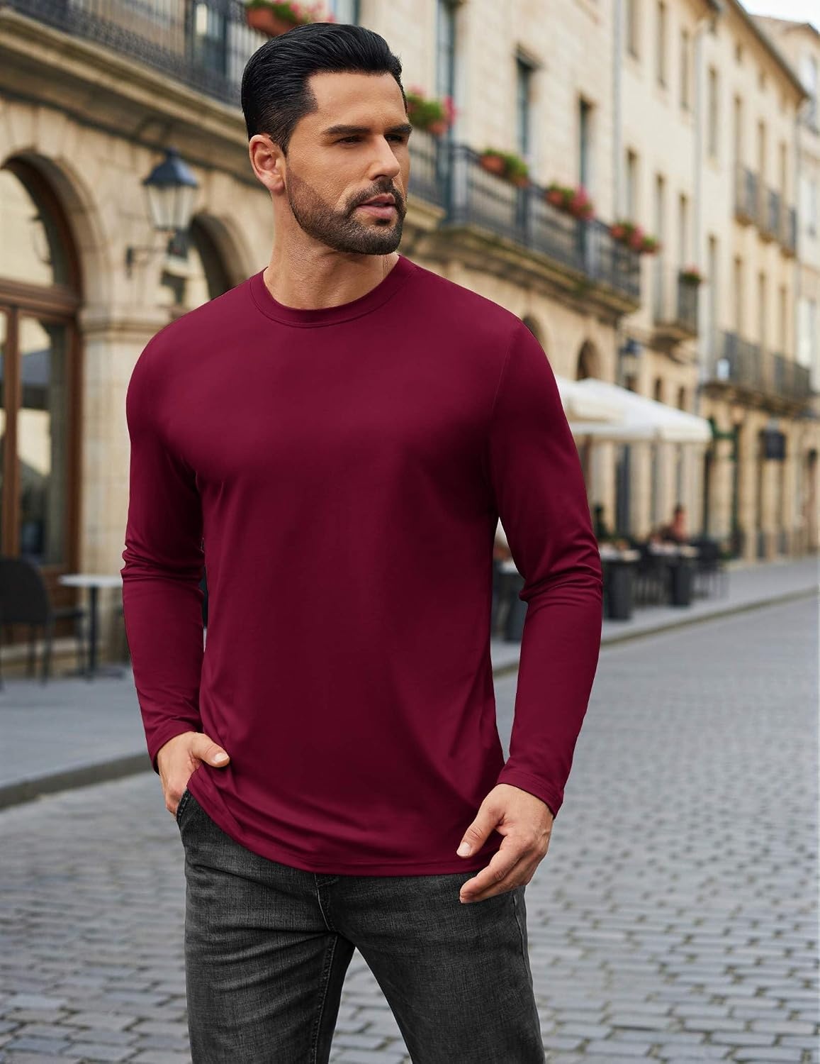 image:imageCOOFANDY Mens Long Sleeve Tee Shirts Stretch Crew Neck Tee Shirts Casual T Shirts for MenWine Red