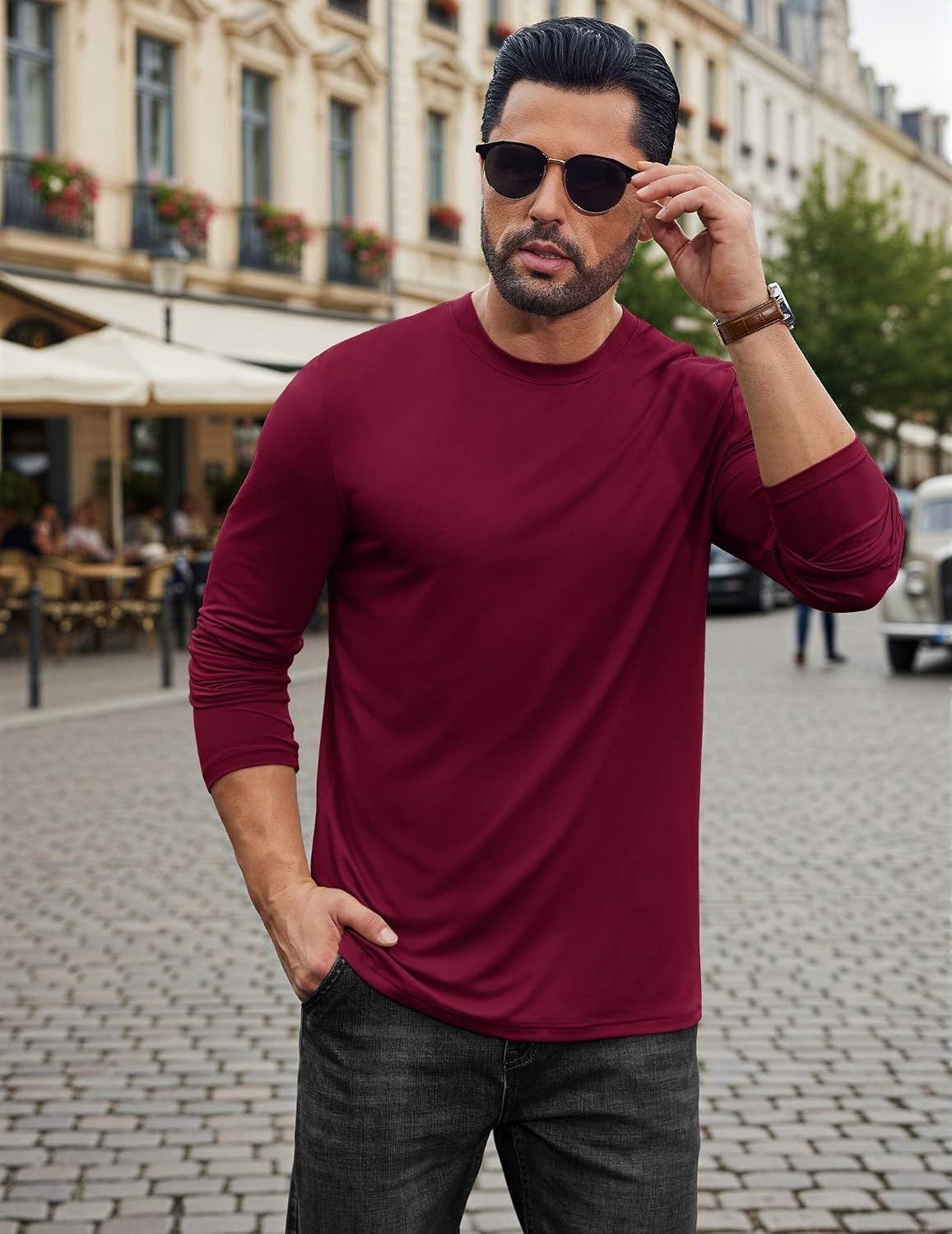 image:imageCOOFANDY Mens Long Sleeve Tee Shirts Stretch Crew Neck Tee Shirts Casual T Shirts for MenWine Red