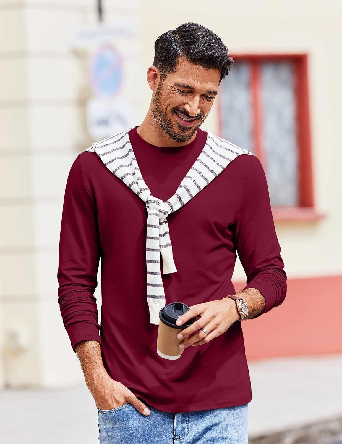 image:imageCOOFANDY Mens Long Sleeve Tee Shirts Stretch Crew Neck Tee Shirts Casual T Shirts for MenWine Red