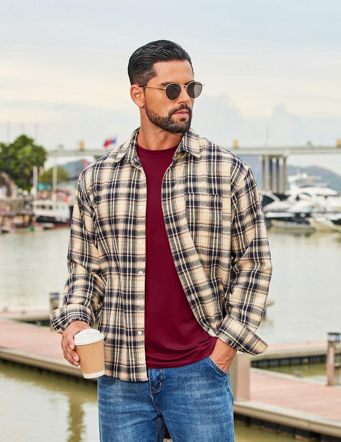 image:imageCOOFANDY Mens Long Sleeve Tee Shirts Stretch Crew Neck Tee Shirts Casual T Shirts for MenWine Red